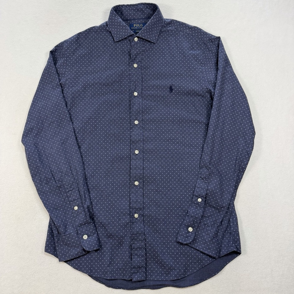Polo Ralph Lauren Mens Medium Blue Geometric Print Long Sleeve Button Down Shirt - Picture 2 of 6